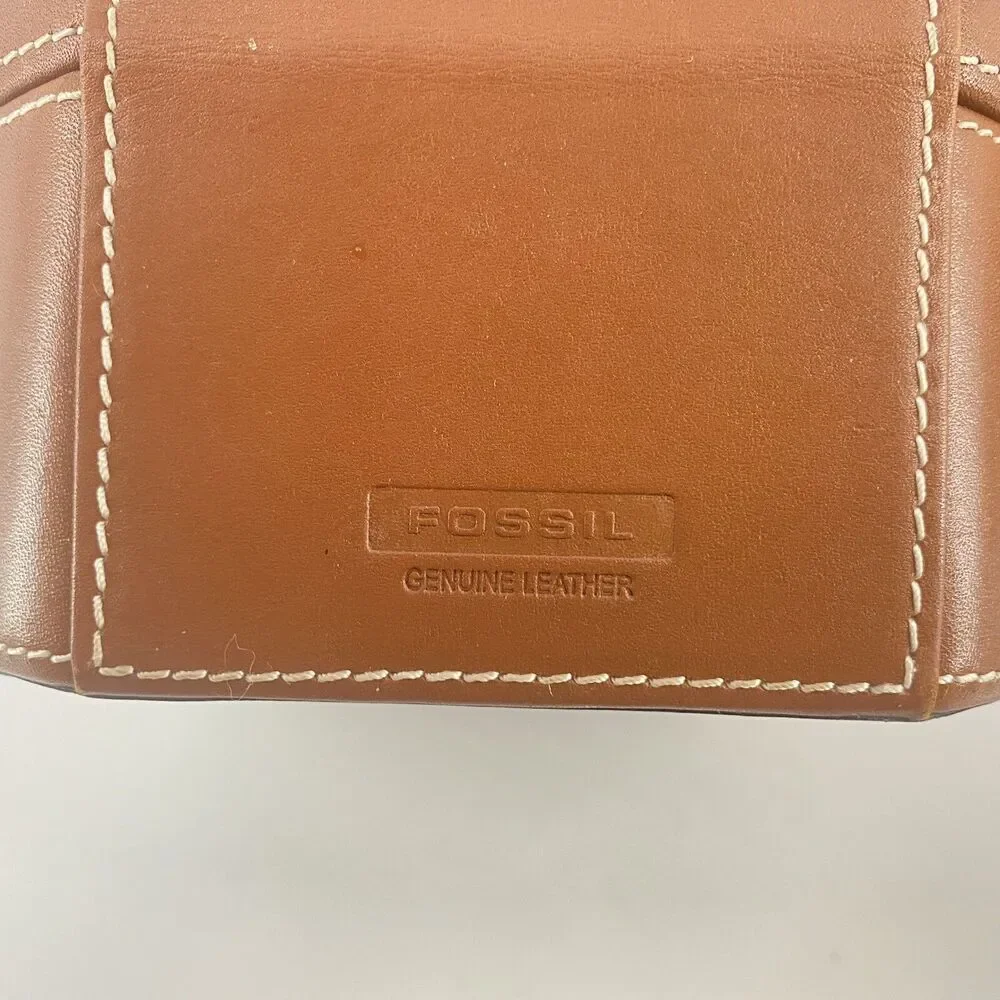 Fossil Genuine Leather Travel Jewelry Box Case Brown Lockable w Keys Mirror